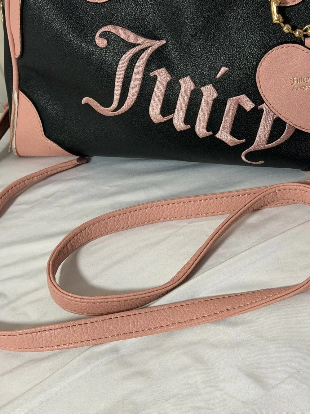 Juicy Couture Black & Pink Script Satchel with Heart Charm
